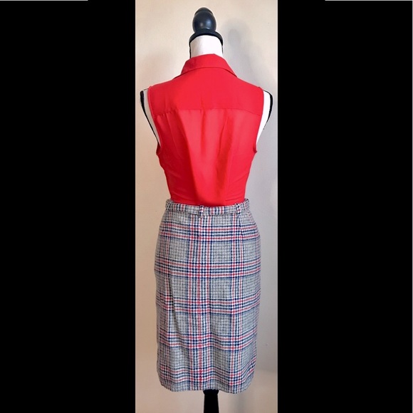 Tan, Blue & Red Plaid Wool Midi Pencil Skirt, Sz. M: Authentic Vintage Peice - Picture 5 of 7